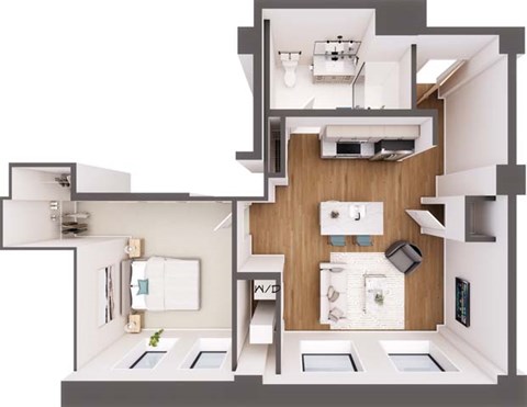 A 3D floor plan of a small apartment with a kitchen, living room, and bathroom.